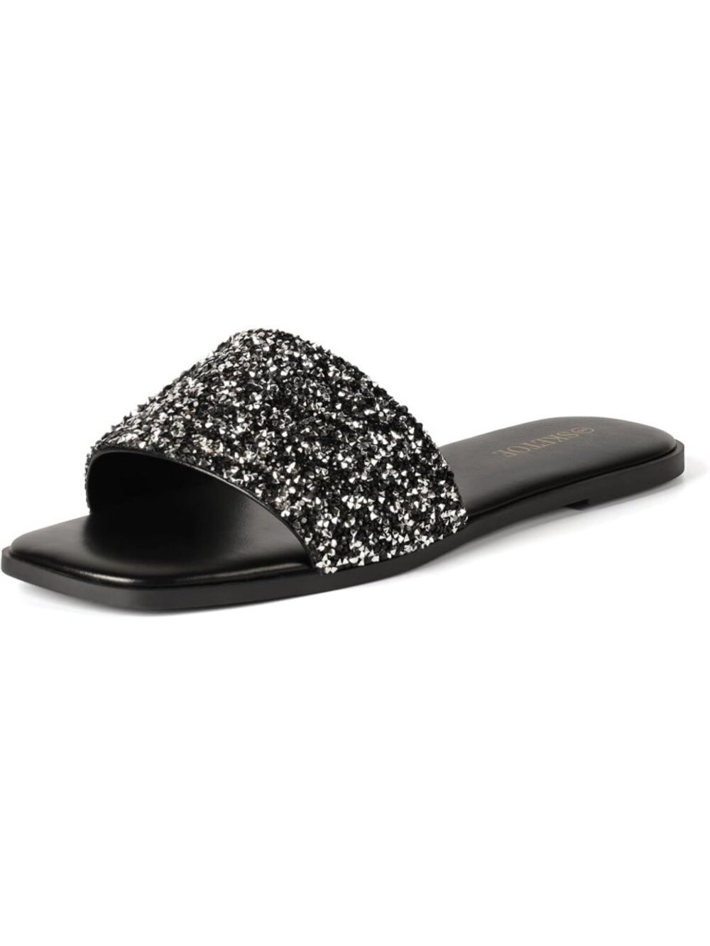 Women's Black Sparkly Rhinestone Flat Square Open Toe Slip on Summer Beach Shoes
